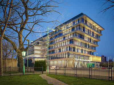 Modern Multi Storey Office Building With Glass Facade Trees Lawn And Street Lamp 3d model