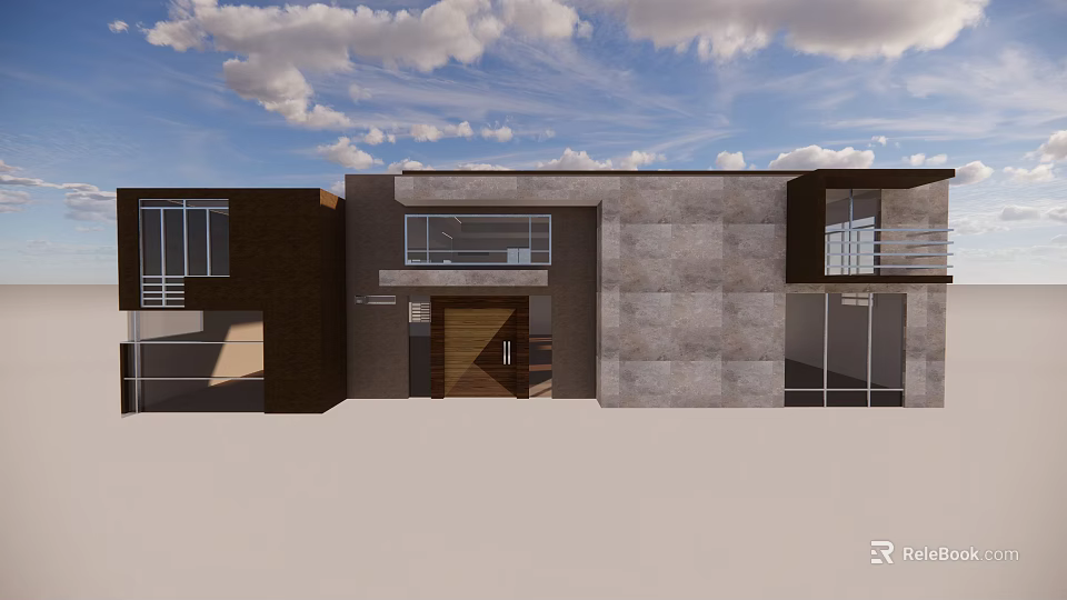 Modern Detached Villa Exterior with Concrete Wood Walls Large Glass Windows Balcony and Blue Sky 3d model 