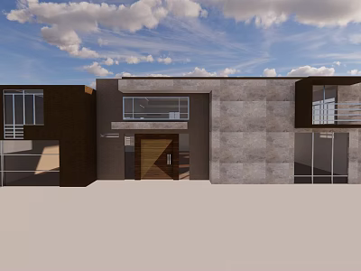 Modern Detached Villa Exterior with Concrete Wood Walls Large Glass Windows Balcony and Blue Sky 3d model
