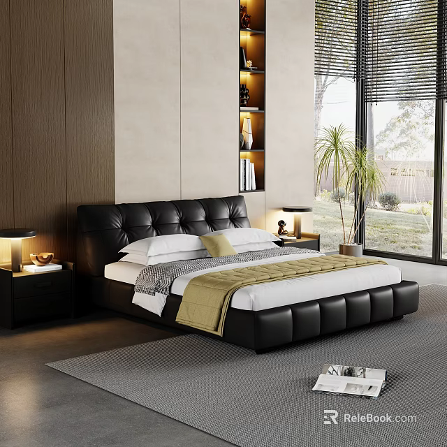 Elegant Black Leather Double Bed With White Bedding Bedside Lamps And Wooden Wall 3d model 