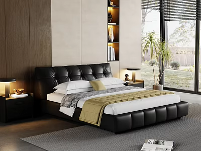 Elegant Black Leather Double Bed With White Bedding Bedside Lamps And Wooden Wall 3d model