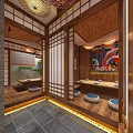 Traditional Japanese Tatami Private Room With Wooden Structure Long Table Tatami Seats And Decorative Paintings