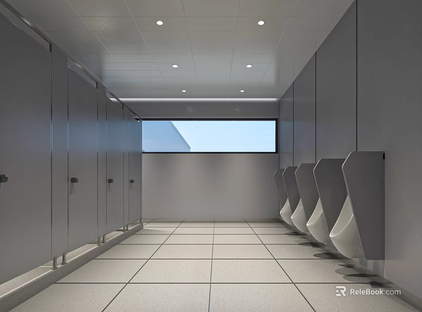 Public Restroom Interior With Stalls Urinals Tiled Floor Ceiling Lights And Window 3d model 