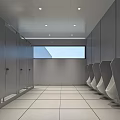Public Restroom Interior With Stalls Urinals Tiled Floor Ceiling Lights And Window