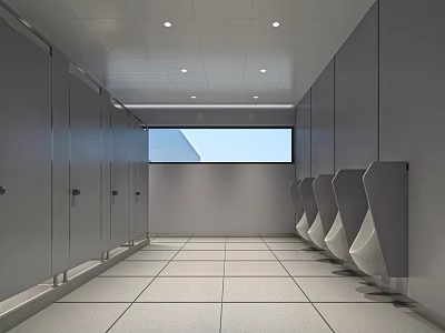 Public Restroom Interior With Stalls Urinals Tiled Floor Ceiling Lights And Window 3d model