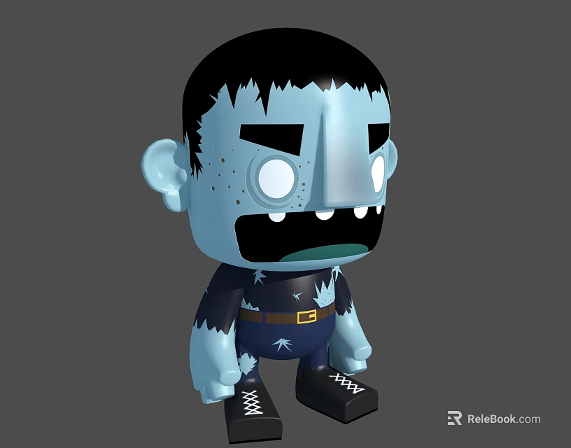 Cartoon Style Blue Frankenstein Doll With Stitches Dark Outfit Belt And Black Shoes 3d model 