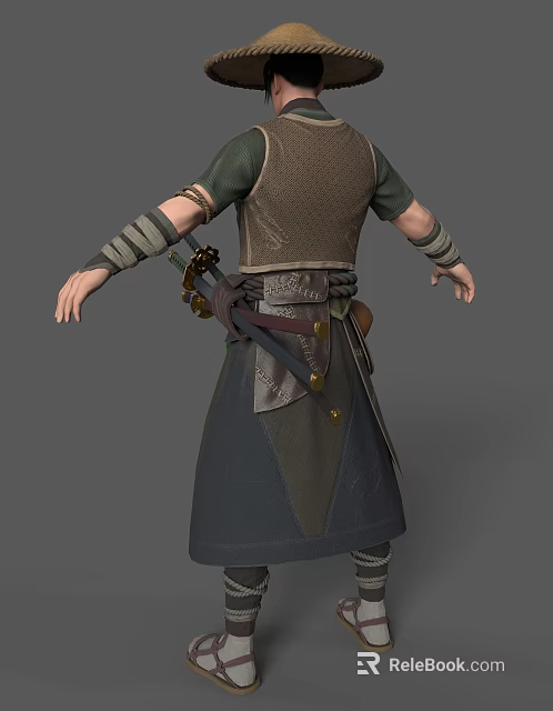Traditional Warrior Character Back View With Sword Green Sleeves And Dark Skirt 3d model 