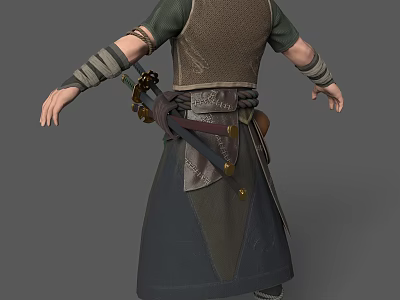 Traditional Warrior Character Back View With Sword Green Sleeves And Dark Skirt 3d model