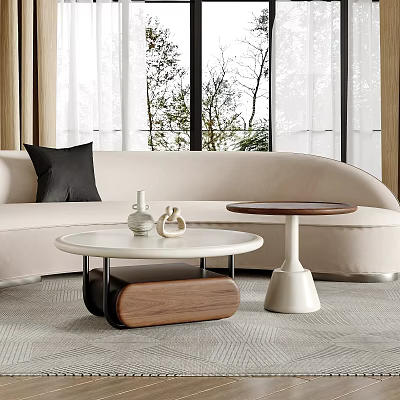 Modern Living Room With Round White And Brown Wooden Coffee Tables And Decorative Vases 3d model