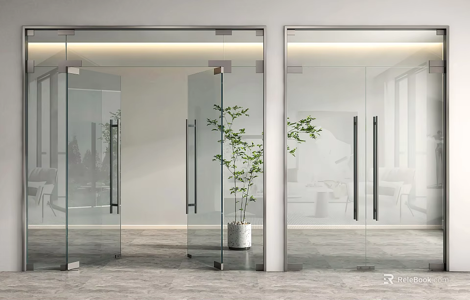 Modern Glass Double Doors In Bright Interior With Potted Plant And Metal Handles 3d model 