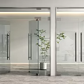 Modern Glass Double Doors In Bright Interior With Potted Plant And Metal Handles