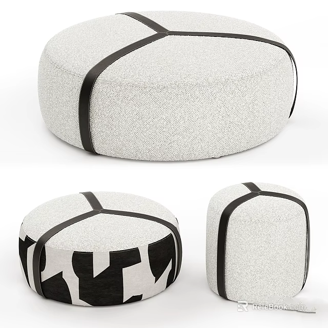 Modern Light Gray Textured Fabric Ottomans With Black Straps And Geometric Patterns 3d model 