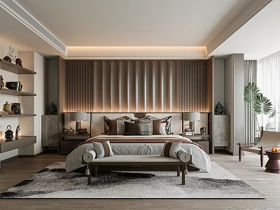 Modern Elegant Bedroom Interior With Tufted Headboard Area Rug And Nightstand Lamps 3d model