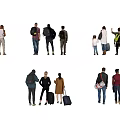 Group of People In Different Postures Carrying Backpacks And Suitcases Walking