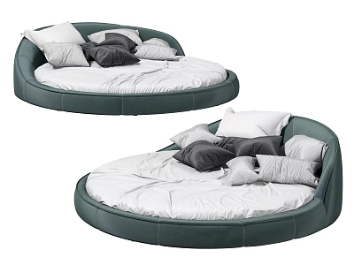 Cozy Round Bed with Dark Green Leather Frame White Mattress and Gray and White Pillows 3d model