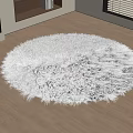 Round White Fluffy Shaggy Rug On Wooden Floor In Living Room With Fireplace And Window