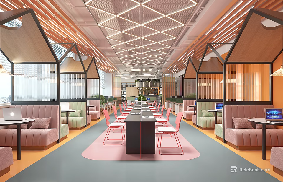 Modern Library Art Space Interior With Geometric Ceiling And Pink Chairs 3d model