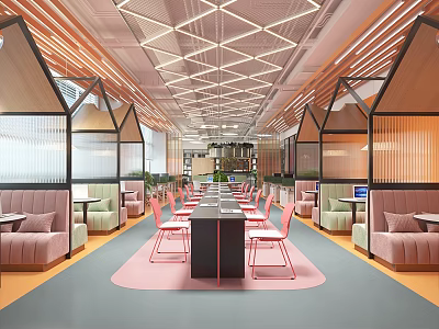 Modern Library Art Space Interior With Geometric Ceiling And Pink Chairs 3d model
