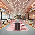 Modern Library Art Space Interior With Geometric Ceiling And Pink Chairs 3d model