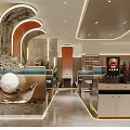 Elegant Modern Restaurant Interior With Marble Bar Counter Blue Booths And Pendant Lights