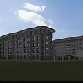 Aerial View Of Modern Multistorey Office Building With Red Roofs Green Lawn And Parking Area