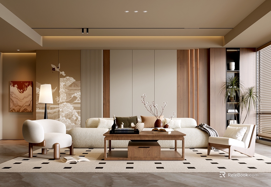 Elegant Modern Living Room Interior With Beige Sofa Coffee Table And Wooden Panels 3d model 