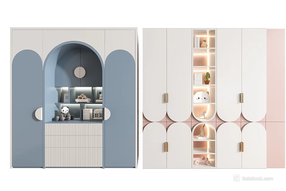 Modern Blue and White Wardrobe Interior with Arched Design Geometric Pattern and Decorative Shelves 3d model 