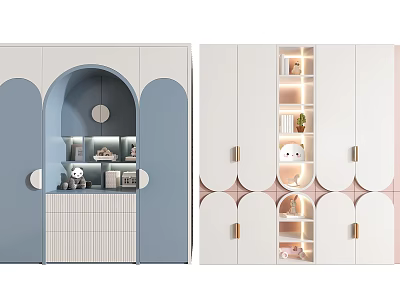 Modern Blue and White Wardrobe Interior with Arched Design Geometric Pattern and Decorative Shelves 3d model