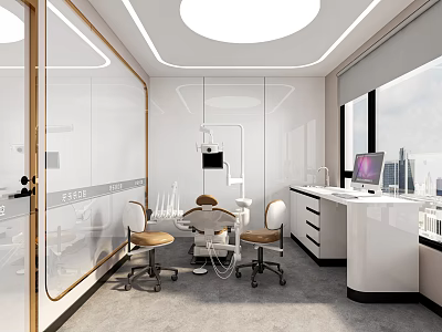 Modern Dental Clinic Interior With Dental Chair Medical Equipment White Workstation And Large Window View 3d model