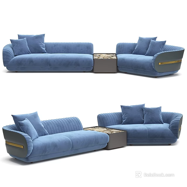 Blue Sectional Sofa with Plush Cushions Modern Design and Wooden Coffee Table 3d model 