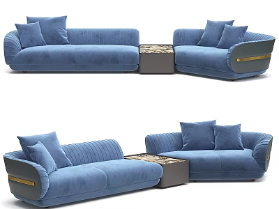 Blue Sectional Sofa with Plush Cushions Modern Design and Wooden Coffee Table 3d model