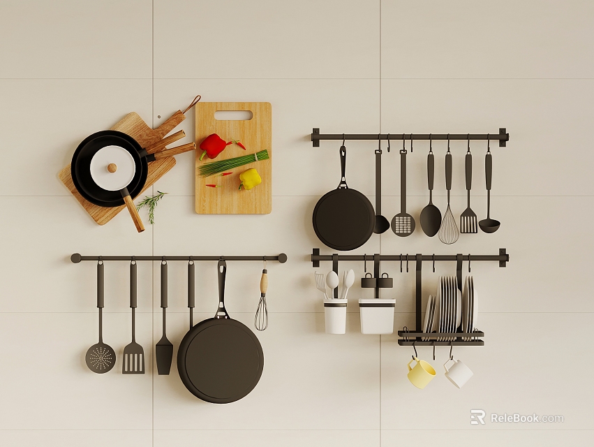 Wall Mounted Kitchen Utensils Organization With Pots Tools And Cutting Board 3d model 