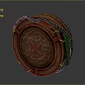 Round Wooden Tray With Intricate Carved Pattern And Green Decorative Straps