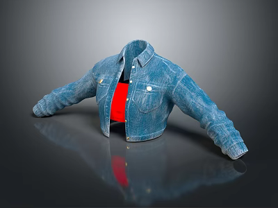 Blue Denim Jacket With Open Front Red Inner Layer And Pockets Displayed On Gray Background 3d model