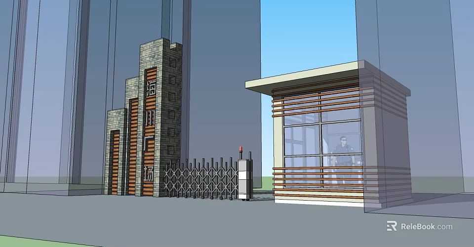 Modern Entrance Gate Design With Stone Pillars Wrought Iron Fence and Security Booth 3d model 