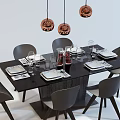Modern Dining Table Set With Black Table Six Chairs Copper Pendant Lights And Tableware 3d model