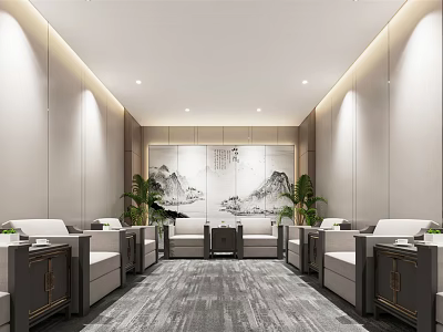 Hotel Public Lounge Interior With Chinese Mountain Painting Green Plants And Comfortable Sofas 3d model
