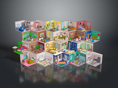 Colorful Multi Level Architecture Miniature Model With Detailed Room Layouts And Decor 3d model
