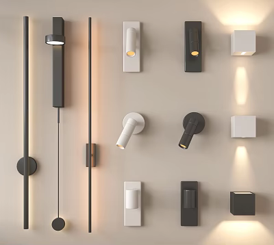 Modern Wall Lamps In Various Styles Black And White Mounted On Wall With Illuminated Effect 3d model