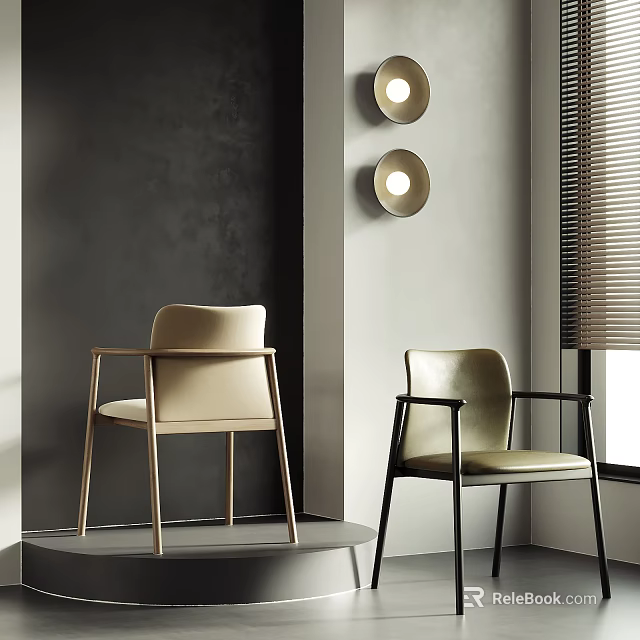 Modern Leisure Chairs Beige Light Green With Golden Black Metal Frames And Circular Wall Lamps 3d model 