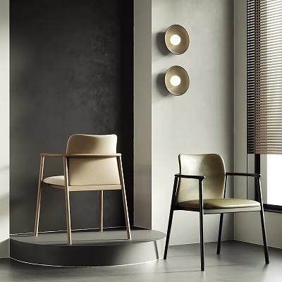 Modern Leisure Chairs Beige Light Green With Golden Black Metal Frames And Circular Wall Lamps 3d model