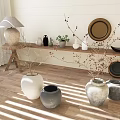 Stylish Ceramic Vases In Various Colors On Wooden Floor With Shelf Lamp Plants And Branches