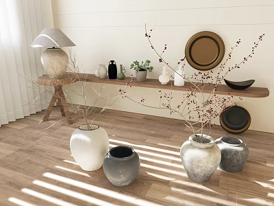 Stylish Ceramic Vases In Various Colors On Wooden Floor With Shelf Lamp Plants And Branches 3d model