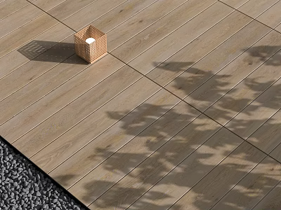 Outdoor Wooden Floor With Natural Leaf Shadows And Small Wooden Lantern 3d model