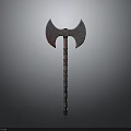 Ancient Double Bladed Axe With Textured Head And Decorative Patterned Wooden Shaft