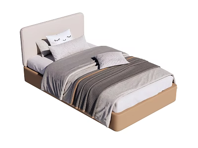 Single Bed With Beige Upholstered Headboard Gray Striped Bedding And Decorative Pillows With Eye Pattern 3d model