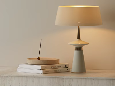 Modern Table Lamp with Beige Fabric Shade White Ceramic Base and Stacked Books on Tray 3d model