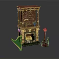 Red Carved Fireplace Interior With Harp Red Chair And Candelabra