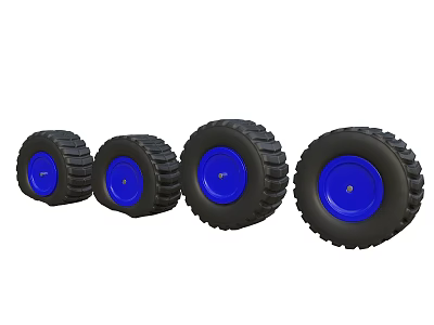 Black Tires With Blue Rims Four Different Sizes Arranged In A Row 3d model