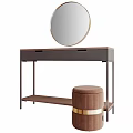 Modern Gray Dressing Table With Round Mirror Brown Stool And Storage Drawers 3d model